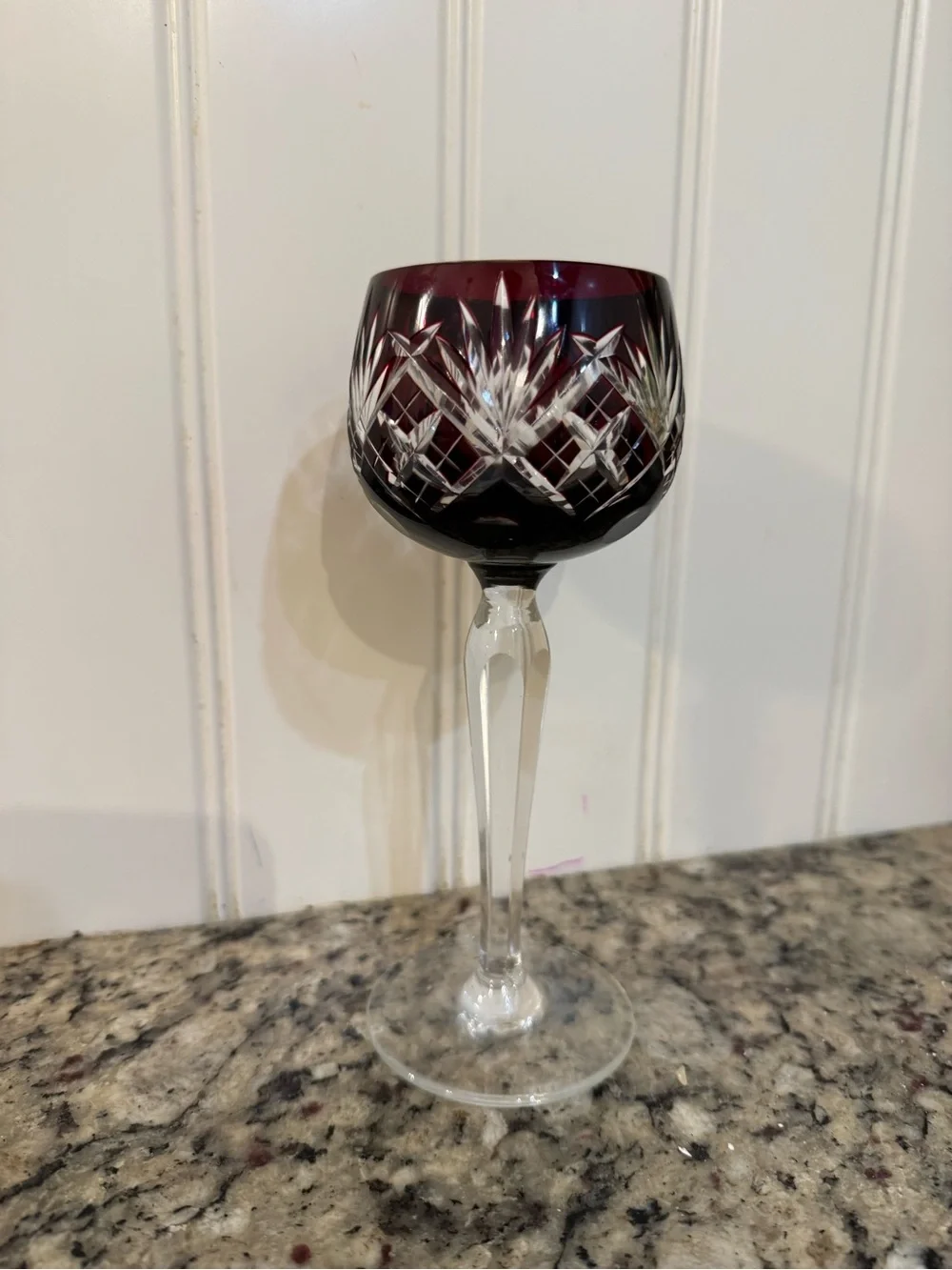 Elegant Ruby Cut to Clear Crystal Goblet - Red Stemware Czechoslovakia